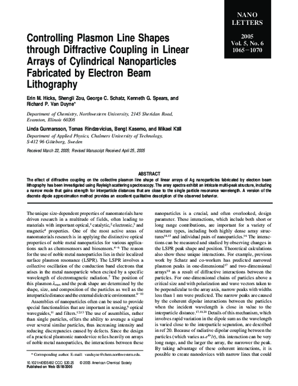 (PDF) Controlling Plasmon Line Shapes through Diffractive Coupling in ...