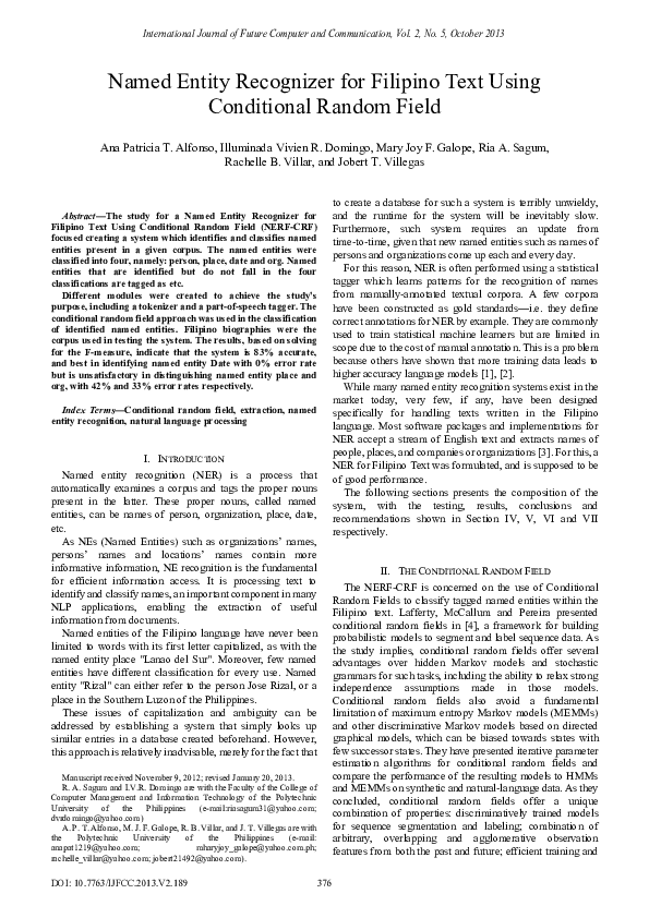 (PDF) Named Entity Recognizer for Filipino Text Using Conditional ...