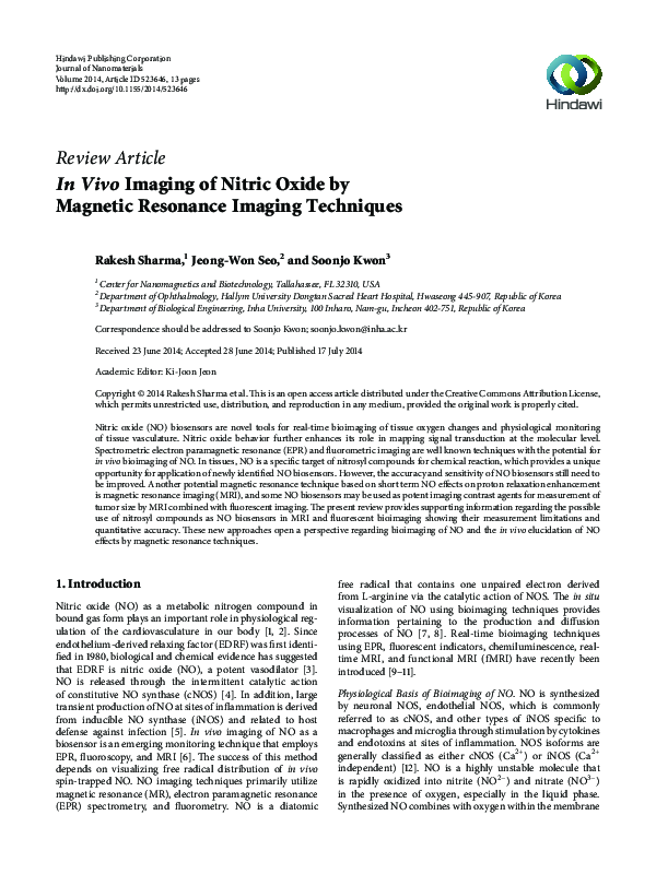 (PDF) In VivoImaging of Nitric Oxide by Magnetic Resonance Imaging ...