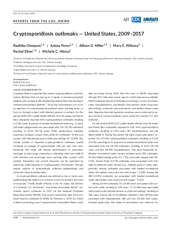 Cryptosporidiosis Outbreaks — United States, 2009–2017