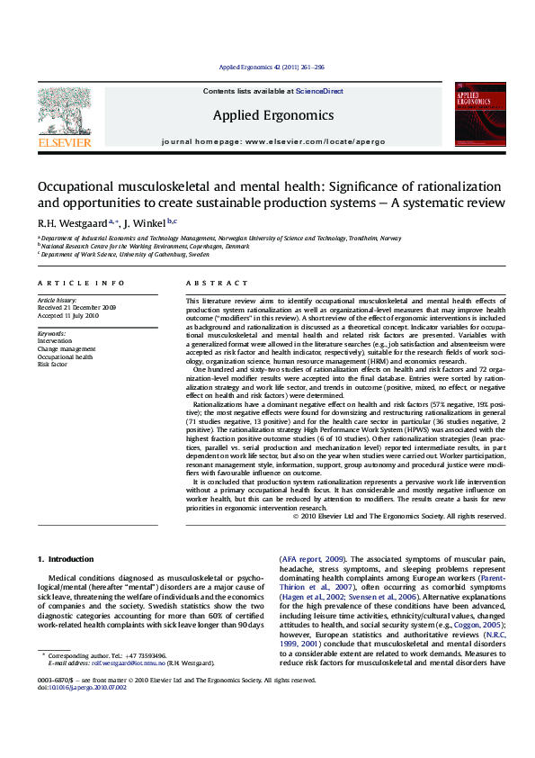 (PDF) Occupational musculoskeletal and mental health: Significance of ...
