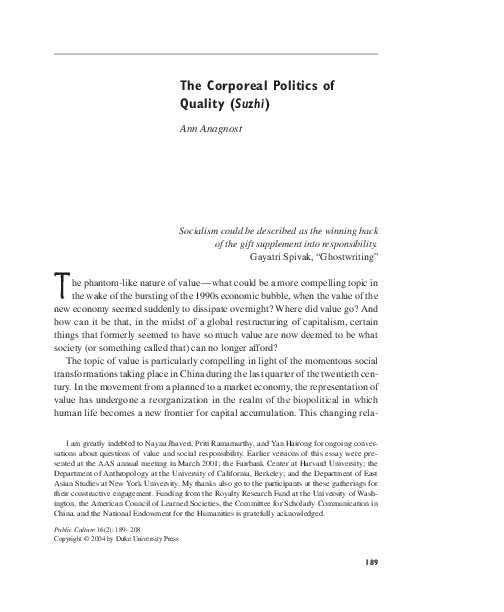 (PDF) The Corporeal Politics of Quality (Suzhi)