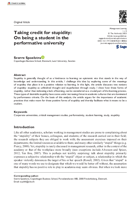 (PDF) Taking credit for stupidity: On being a student in the ...