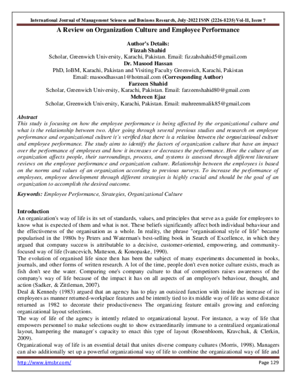 (PDF) A Review on Organization Culture and Employee Performance