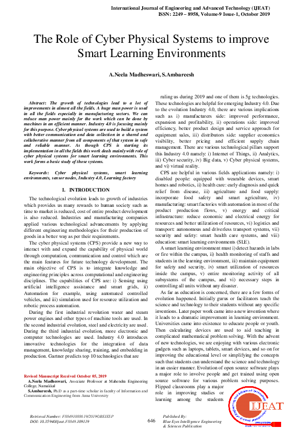 (PDF) The Role of Cyber Physical Systems to improve Smart Learning ...