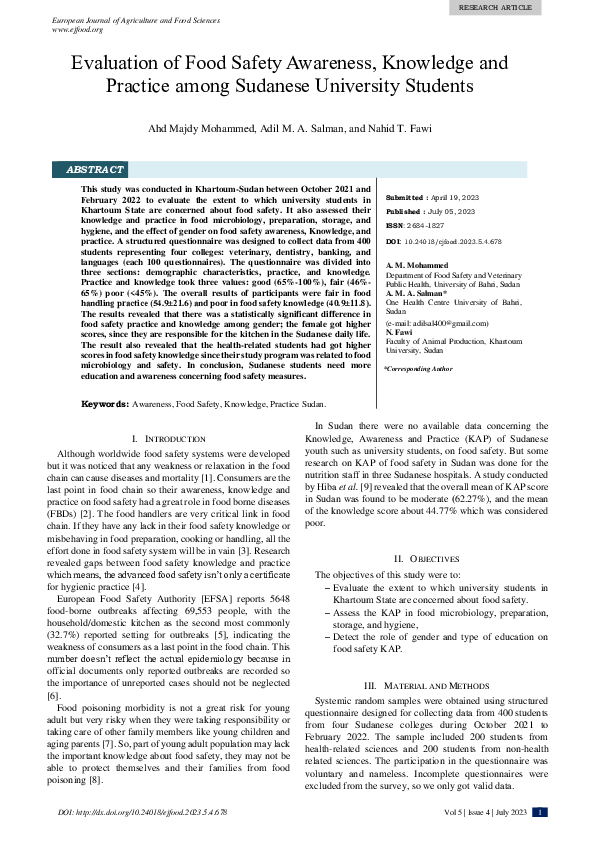 (PDF) Evaluation of Food Safety Awareness, Knowledge and Practice among ...