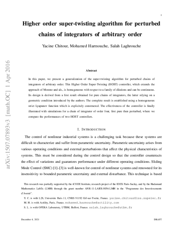 (PDF) Higher order super-twisting algorithm for perturbed chains of ...