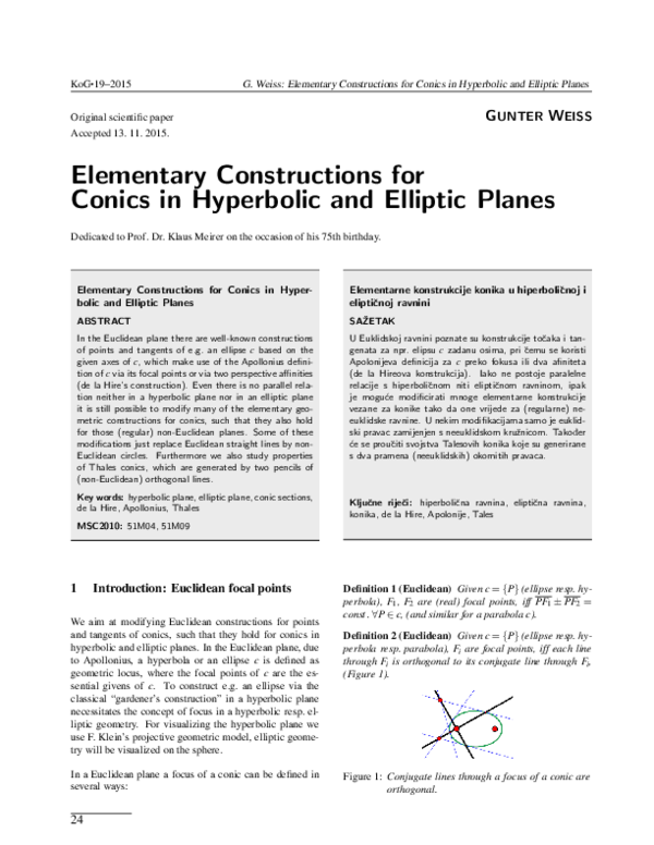 (PDF) Elementary Constructions for Conics in Hyperbolic and Elliptic Planes