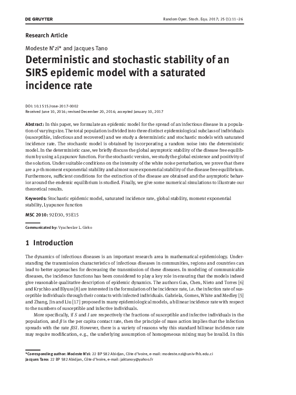 (PDF) Deterministic and stochastic stability of an SIRS epidemic model ...