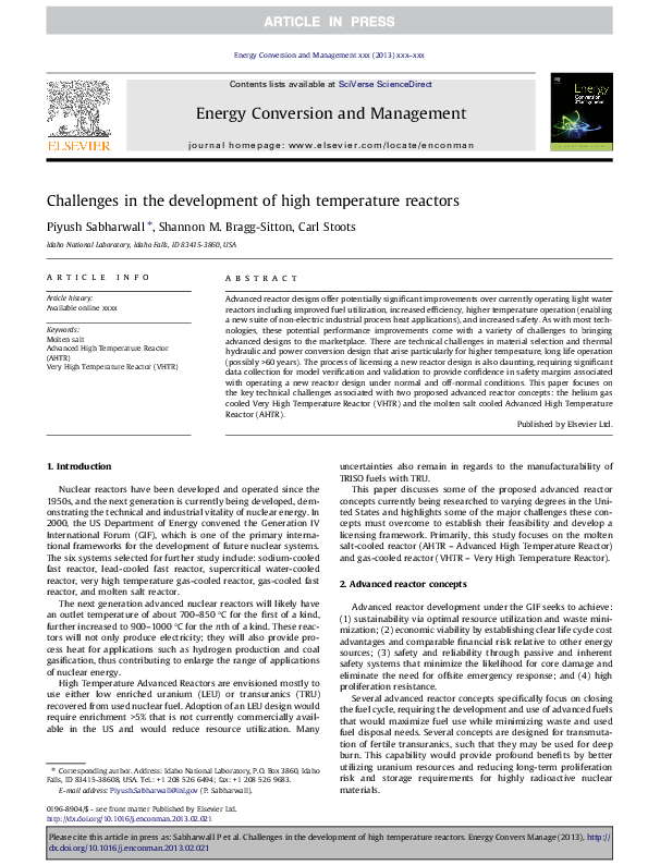 (PDF) Challenges in the development of high temperature reactors