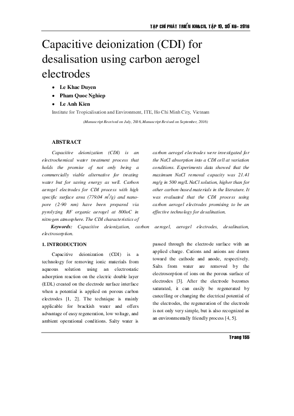 (PDF) Capacitive deionization (CDI) for desalisation using carbon ...