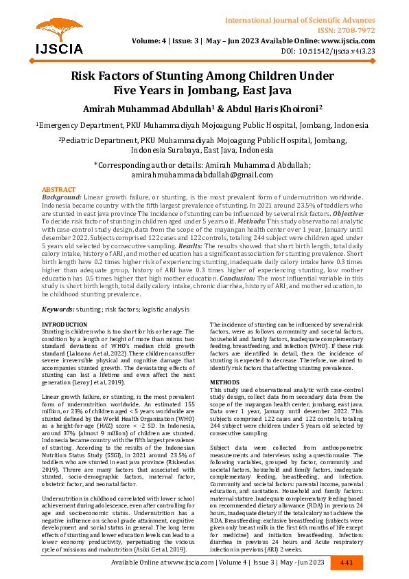 (PDF) Risk Factors of Stunting Among Children Under Five Years in ...