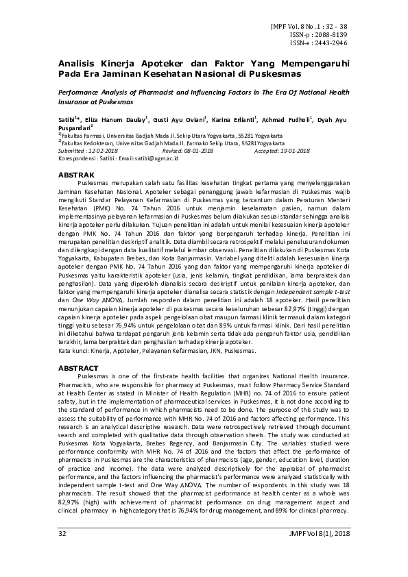 Performance Analysis of Pharmacist and Influencing Factors in the Era of National Healt Insurance at Puskesmas