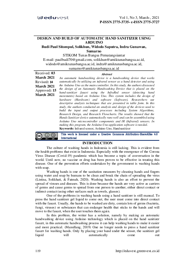 (PDF) Design and Build of Automatic Hand Sanitizer Using Arduino