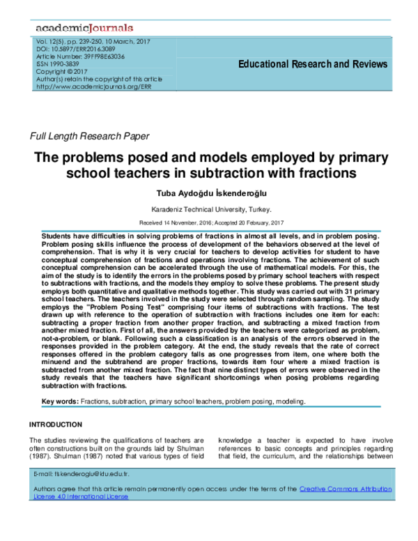 (PDF) The problems posed and models employed by primary school teachers ...