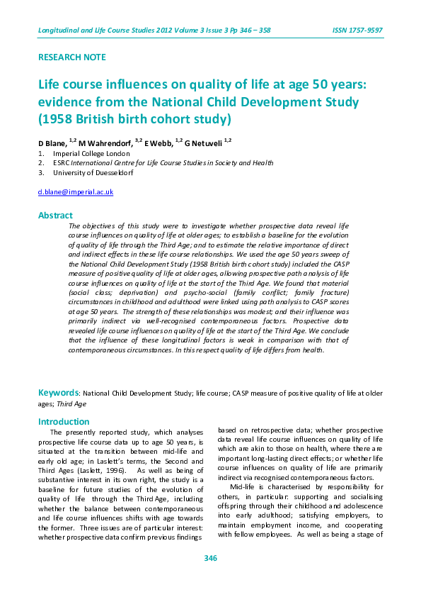 (PDF) Life course influences on quality of life at age 50 years ...