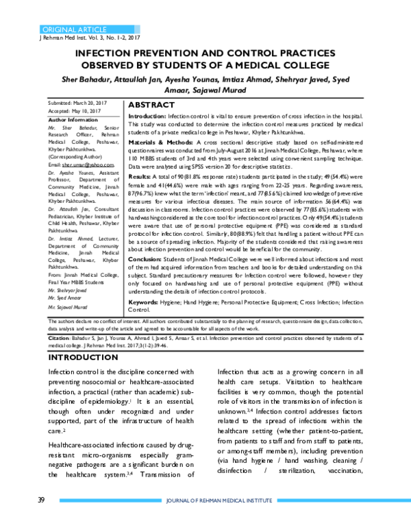 (PDF) Infection Prevention and Control Practices Observed by Students ...