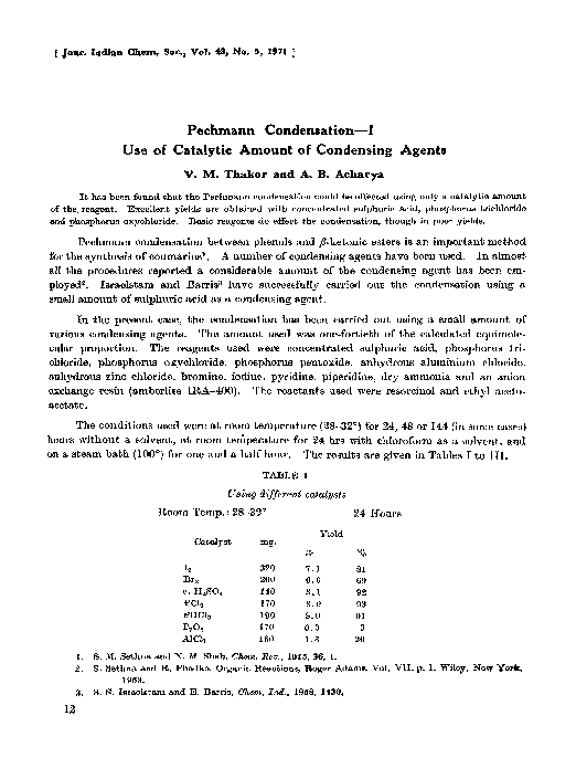 (PDF) Pechmann Condensation-I Use of Catalytic Amount of Condensing Agents