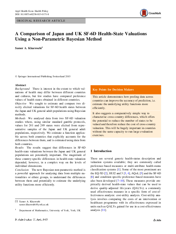 (PDF) A Comparison of Japan and UK SF-6D Health-State Valuations Using ...