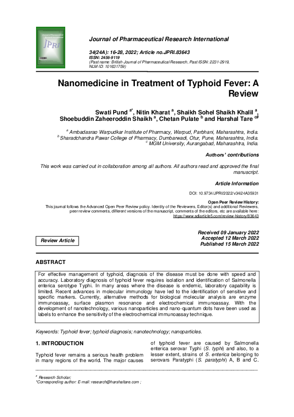 (PDF) Nanomedicine in Treatment of Typhoid Fever: A Review