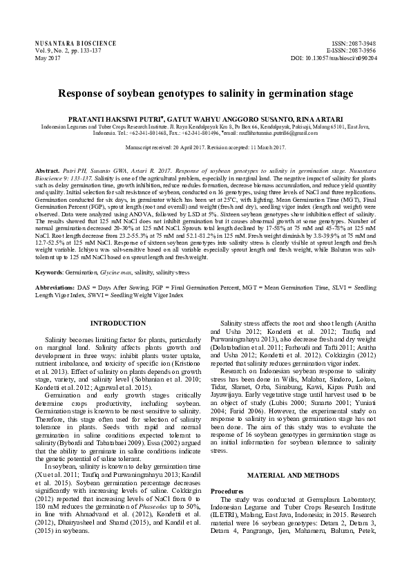 (PDF) Response of soybean genotypes to salinity in germination stage