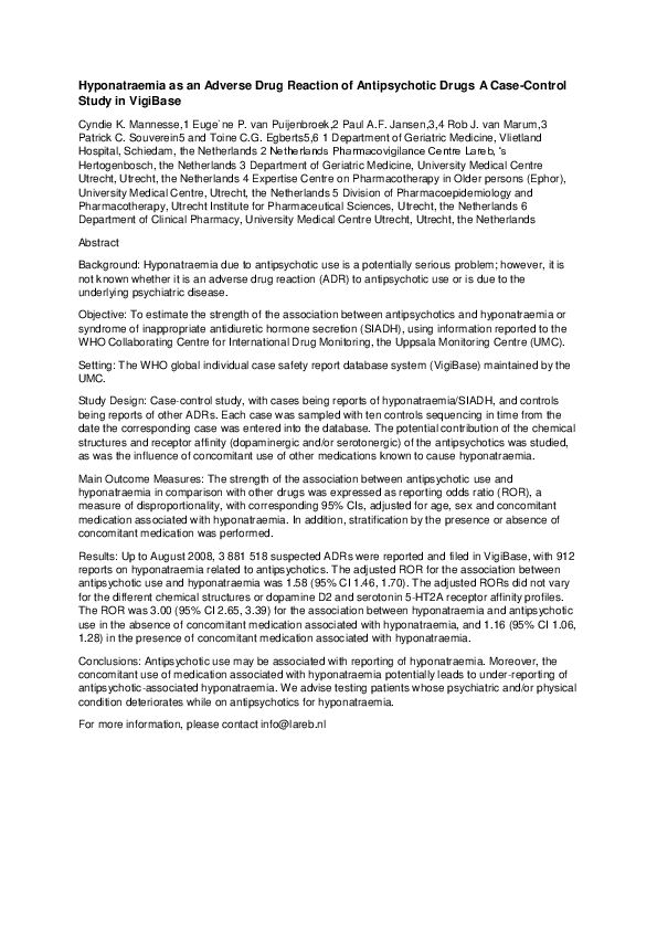 (PDF) Hyponatraemia as an Adverse Drug Reaction of Antipsychotic Drugs