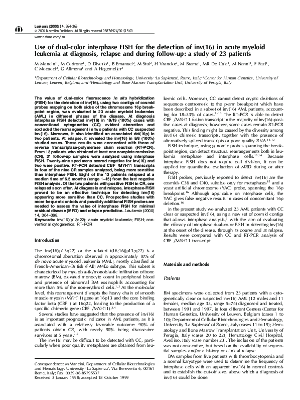 (PDF) Use of dual-color interphase FISH for the detection of inv(16) in ...
