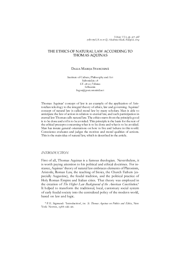 (PDF) The Ethics of Natural Law according to Thomas Aquinas