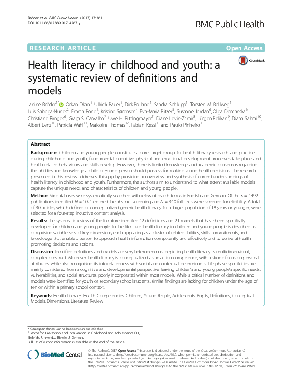 (PDF) Health literacy in childhood and youth: a systematic review of ...