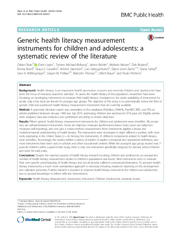 (PDF) Generic health literacy measurement instruments for children and ...