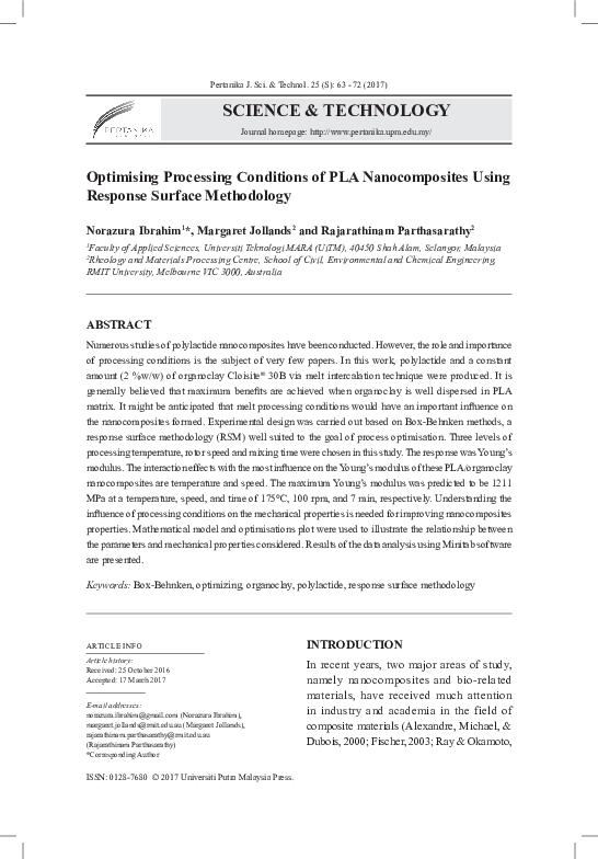 (PDF) SCIENCE & TECHNOLOGY Optimising Processing Conditions of PLA ...