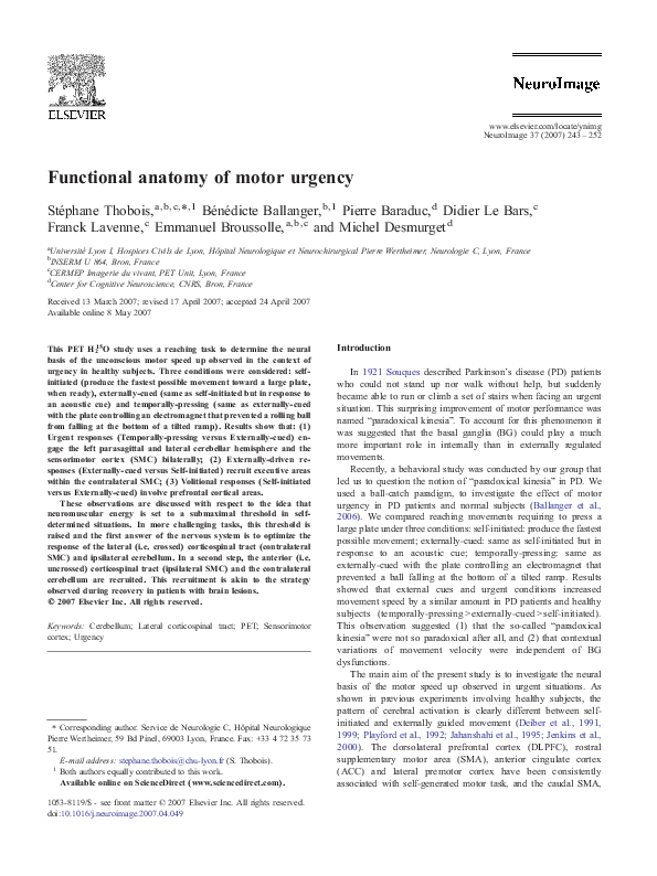 (PDF) Functional anatomy of motor urgency franck LAVENNE Academia.edu