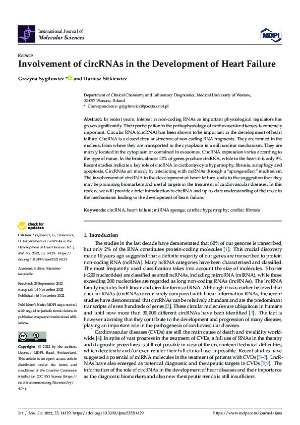 (PDF) Involvement of circRNAs in the Development of Heart Failure
