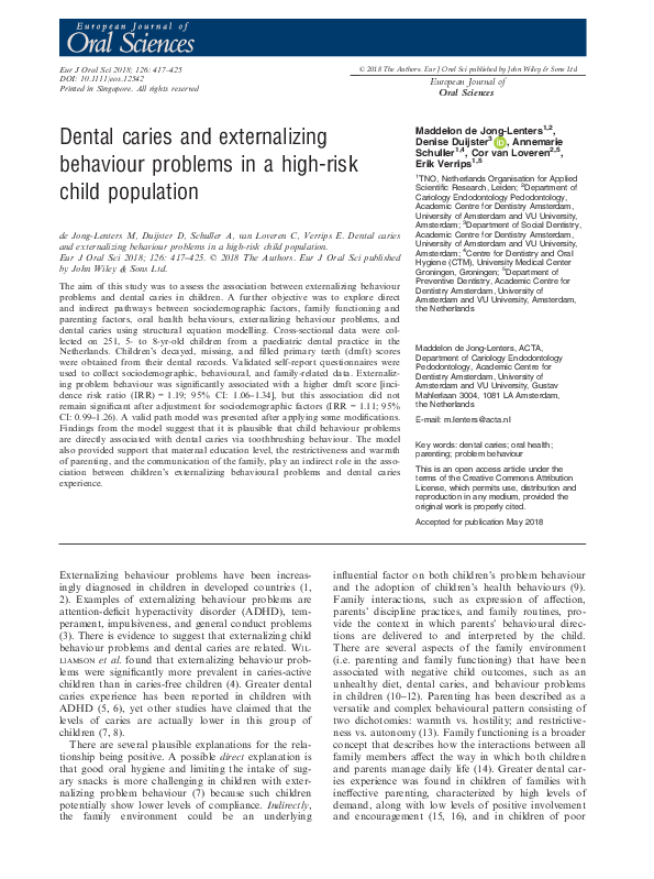 (PDF) Dental caries and externalizing behaviour problems in a high-risk ...