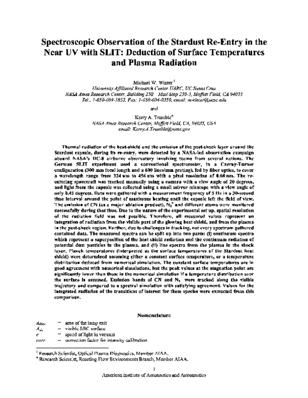 (PDF) Spectroscopic Observation of the STARDUST Re-Entry in the Near UV