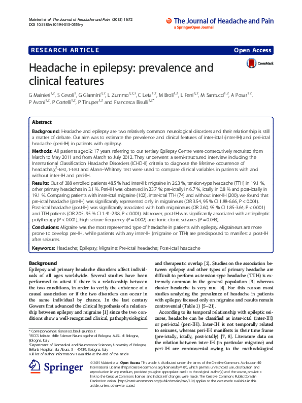 (PDF) Headache in epilepsy prevalence and clinical features Sabina