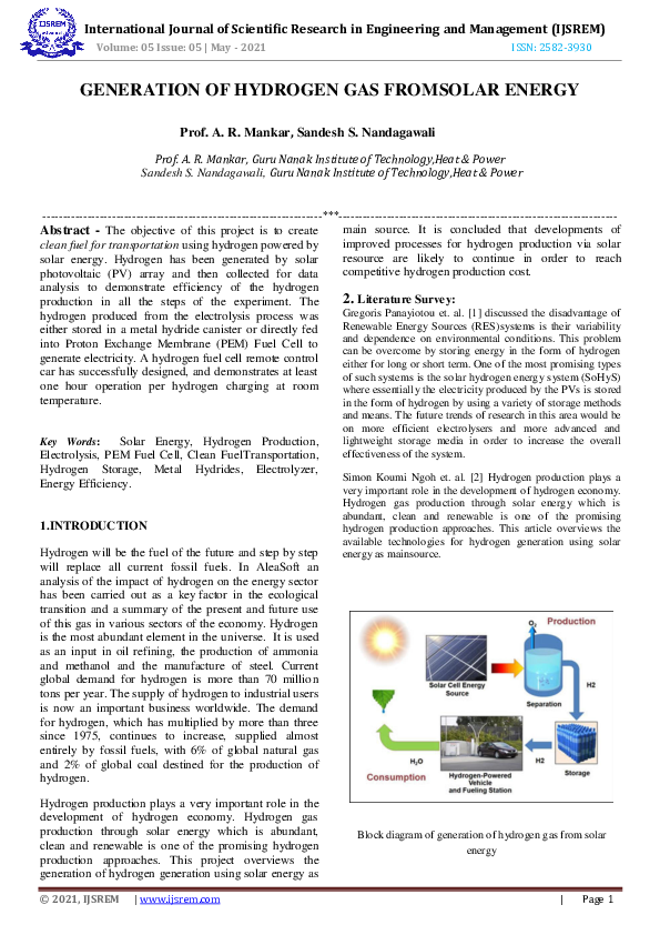 (PDF) GENERATION OF HYDROGEN GAS FROM SOLAR ENERGY