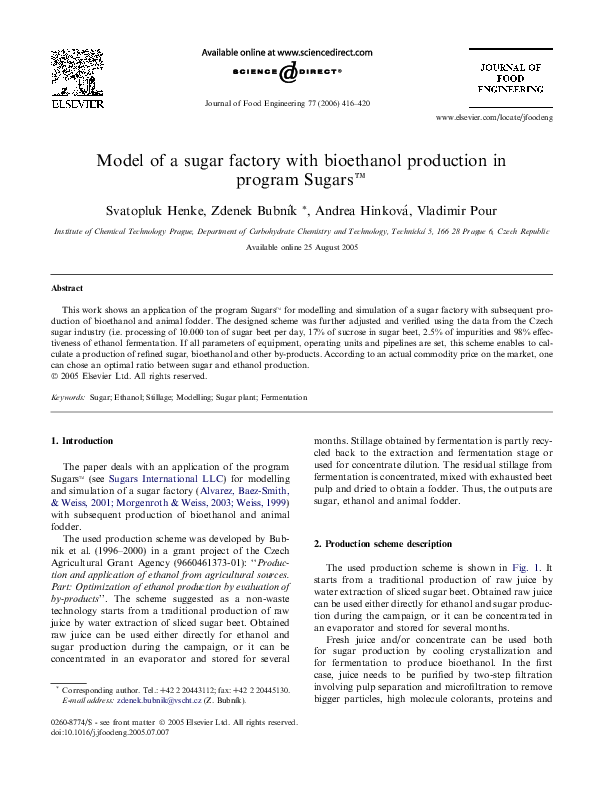 (PDF) Model of a sugar factory with bioethanol production in program ...