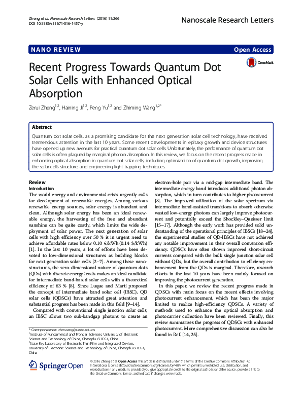 (PDF) Recent Progress Towards Quantum Dot Solar Cells with Enhanced ...