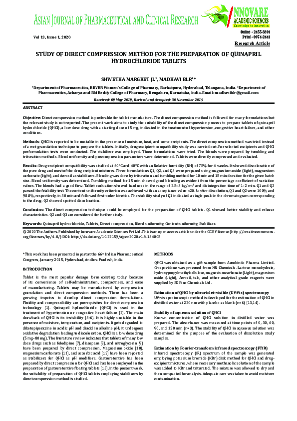 (PDF) STUDY OF DIRECT COMPRESSION METHOD FOR THE PREPARATION OF ...