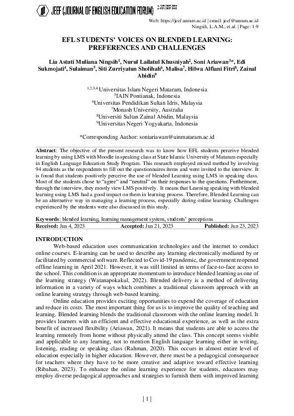 (PDF) Efl Students’ Voices on Blended Learning: Preferences and Challenges