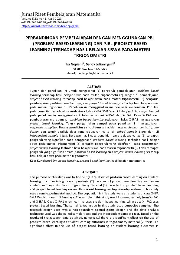 Pdf Perbandingan Pembelajaran Dengan Menggunakan Pbl Problem Based