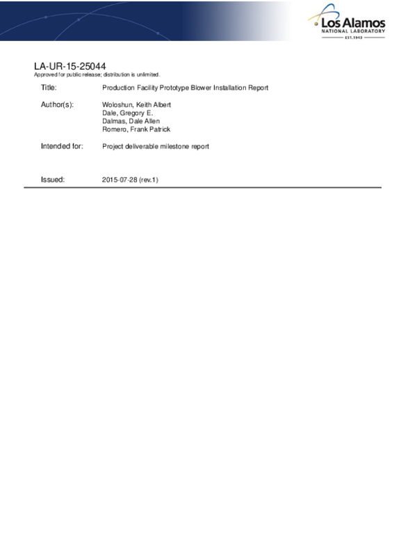 (PDF) Production Facility Prototype Blower Installation Report