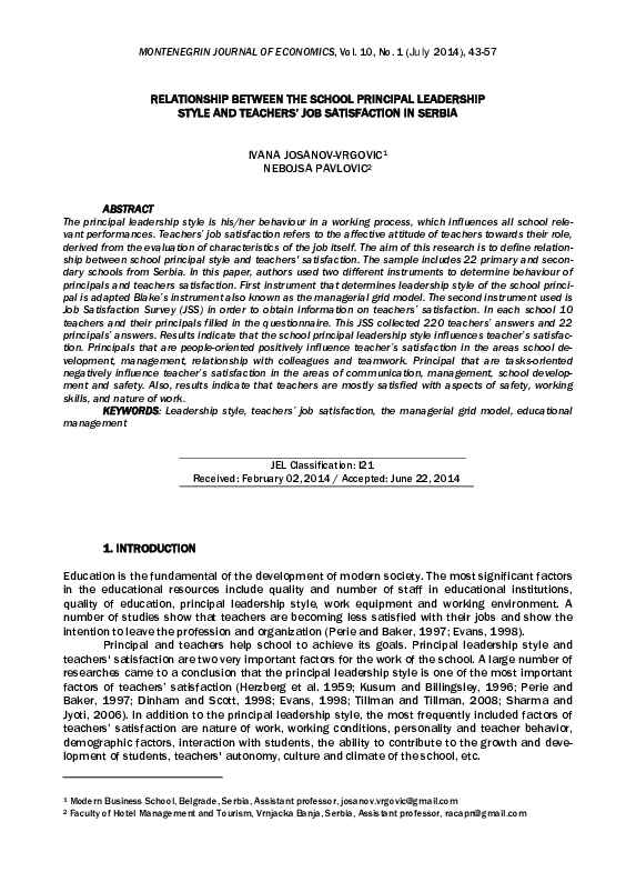 (PDF) Relationship Between The School Principal Leadership Style And ...