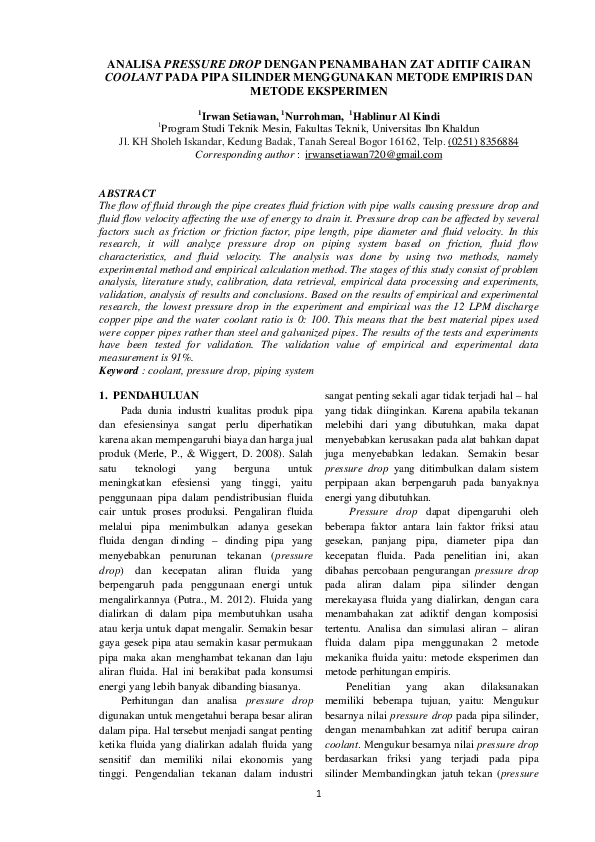  PDF Analisa Pressure Drop Dengan Penambahan Zat Aditif Cairan Coolant 