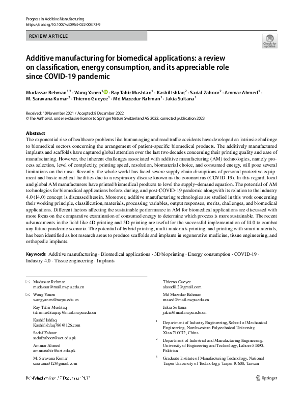 (PDF) Additive manufacturing for biomedical applications: a review on ...
