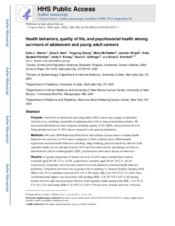 (PDF) Health behaviors, quality of life, and psychosocial health among ...