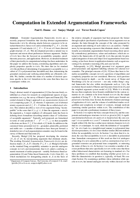 (PDF) Computation in Extended Argumentation Frameworks
