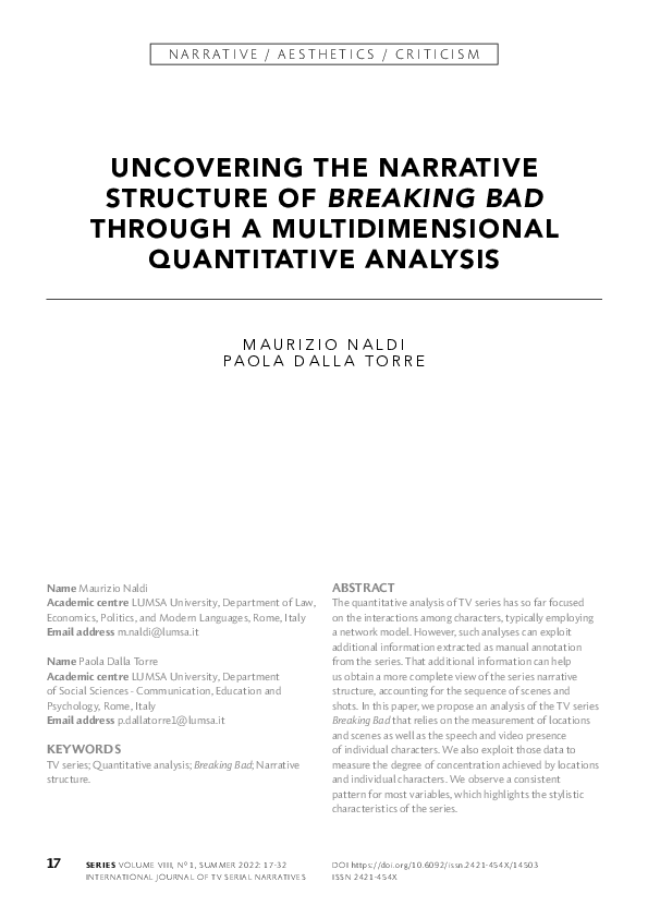(PDF) UNCOVERING THE NARRATIVE STRUCTURE OF BREAKING BAD THROUGH A ...