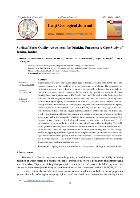 (PDF) Springs Water Quality Assessment for Drinking Purposes: A Case ...